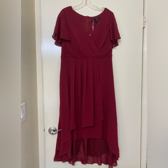 Burgundy Ruffle Sleeve Pleated V-Neck A-Line Midi Chiffon Dress - Ever Pretty - Picture 3 of 8